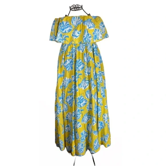 Lulus Love Boldly Yellow Blue Floral Off Shoulder Maxi Dress | Size Small - Picture 3 of 7